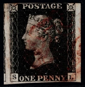 1840 1d Black Pl 5 SL Huge Margins at Sides Red Maltese Cross Fine Cat. £375.00 - Picture 1 of 1