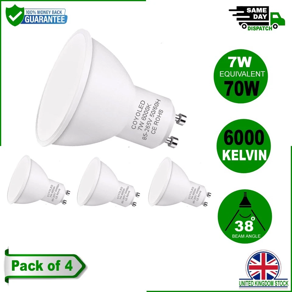 Pack of 4 7W GU10 LED Cool White Bulbs, 6000K - Energy Saving Light Bulbs in UK - Image 1 of 4