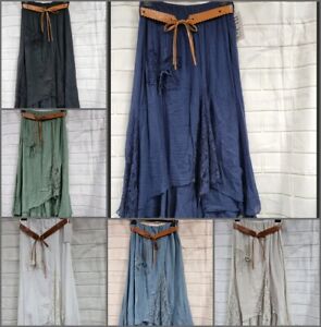 NEW LADIES  ITALIAN QUIRKY BOHO BELT GYPSY TIERED HITCHED LONG MAXI SKIRT 