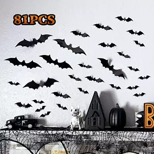 Halloween Bat Decorations, 81 Pcs 3D Scary PVC Wall Stickers, Indoor Outdoor - Picture 1 of 12