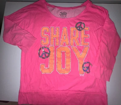 Girls Size 18 Neon Pink Justice Top ~ Shirt "Share Joy" Sequins Peace Sign - Image 1 of 3
