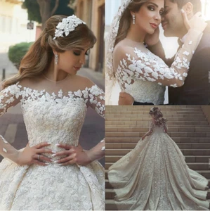 Jewel Wedding Dresses Long Sleeve Lace Ruche Applique Ball Gown Sweep Train - Picture 1 of 11