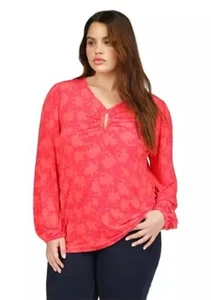 Michael Kors Women's Plus Tonal Printed Keyhole Long Sleeve Top, Deep Pink 2X - Picture 1 of 4