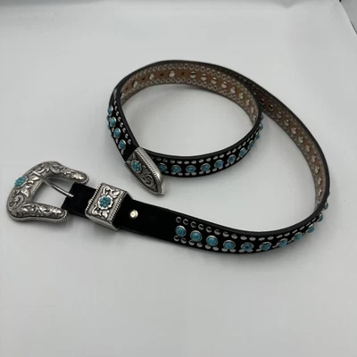 "Cinturón Nocona Cuero Negro Turquesa Tachonado Estilo Occidental Talla XL 39"" Boho Azteca" Foto 1 de 4