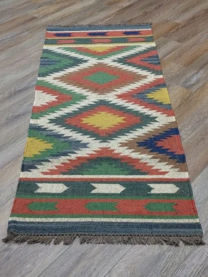 Turkish Geometric Anatolian Rug,Turkish Kilim Flat Weave HandMade Rug,2.5x6.4 Ft - Image 1 of 4