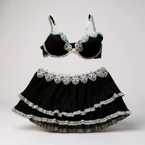 JEZEBEL 36C M Black Ivory Lace Bow Bra Skirt Nightie R $79 - Picture 1 of 7