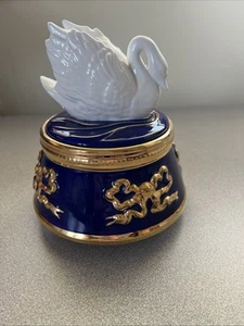 Vintage Gold & Blue Teleflora Porcelain Swan Lake Music Box Trinket Jewelry - Picture 1 of 6