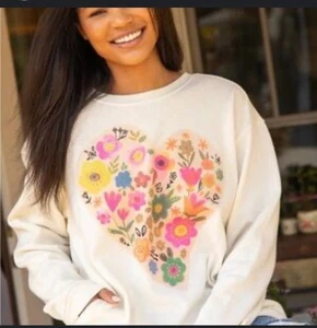 Natural LIfe Comfy Oversized Floral Heart Pocket Sweatshirt Ivory SZ XXL NEW NWT - Picture 1 of 3