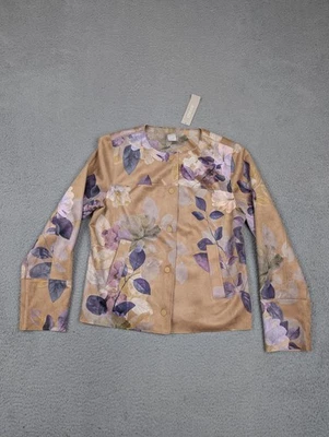 Chicos Jacket Womens 0 Tan Floral Scuba Suede Snap Front Lightweight Outerwear - Image 1 of 4