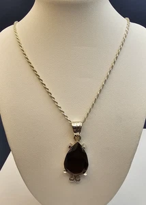 Sterling Silver Brown Garnet (?) Pendant w/ 30" Sterling Silver Rope Necklace - Picture 1 of 18
