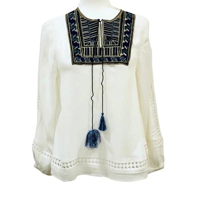 Endless Rose White Blue Embroidered Peasant Boho Tunic Blouse Womens Small - Image 1 of 4