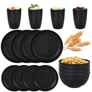 16 Piece Black Plastic Camping Picnic Plates Cups Bowls Set Dinnerware Cutlery - Picture 1 of 11