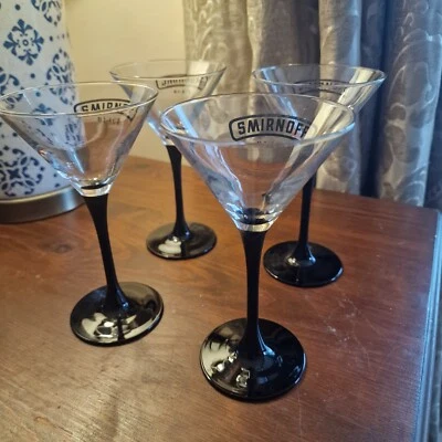 Set 4x Smirnoff Black Martini Glass Black Tall Stem Xmas Vtg #listingsinlights  - Image 1 of 4