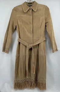 Elie Tahari 100% Suede Leather Lined Patchwork Crochet Belted Maxi Coat MEDIUM - Picture 1 of 13