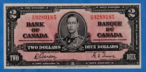 CANADA $2 1937 BC-22b / P-59b King George VI Light Circulated Note - K/B 9289185 - Picture 1 of 3