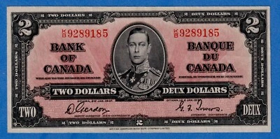 CANADA $2 1937 BC-22b / P-59b King George VI Light Circulated Note - K/B 9289185 - Image 1 of 3