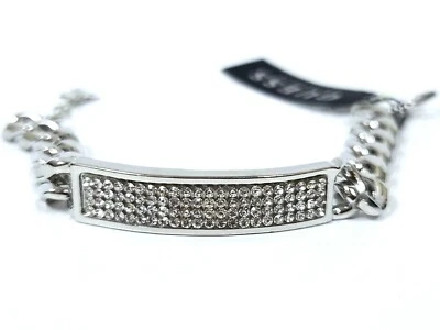 NUEVO BRAZALETE BRAZALETE ADIVINAR TONO PLATA BRILLANTE ESLABÓN DE CADENA + PLACA CRISTALES Foto 1 de 4