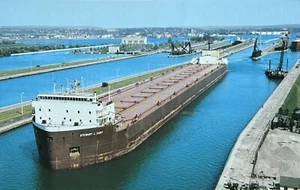 Postcard Freighter Stewart J Cory & Soo Locks • Sault Ste Marie Michigan - Picture 1 of 2