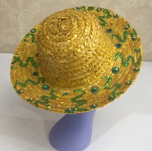 Sequined Mini 7" Straw Garden Hat Doll Pet Size - Picture 1 of 5