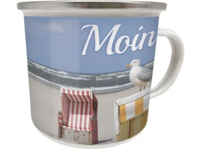 Emaille Becher 0,5 L - MOIN MOIN MÖWE STRANDKORB - EB24 TASSE  URLAUB MEER - Bild 1 von 2