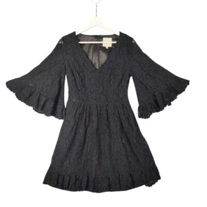 ModCloth Romantic Goth Black Lace Bell Sleeve Dress Women Size M V-Neck Ruffle - Picture 1 of 11