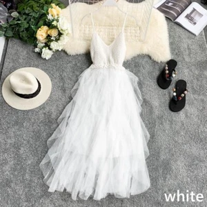 Damen Netz Tank Kleid V-Ausschnitt Spaghettiträger Patchwork Lagenlook Strick Sommer Fit - Bild 1 von 16