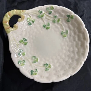 Belleek Shamrock Handled Butter Server Plate Candy Dish - Picture 1 of 2