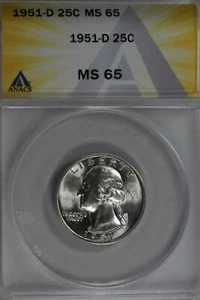 1951-D .25 ANACS MS 65 Washington Quarter, Silver 25 Cents (0.25) - Picture 1 of 2
