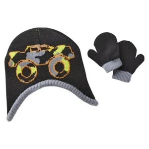 Toby Infant Boys Reversible Black Cammo Monster Truck Trapper Hat & Mittens Set - Picture 1 of 1
