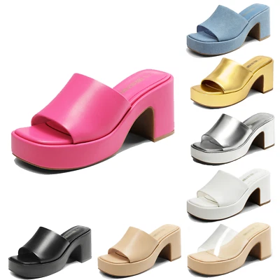 Sandalias de tacón con punta cuadrada abierta Y2K con plataforma gruesa sin cordones para mujer Foto 1 de 4