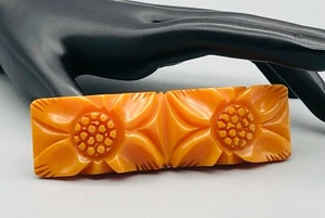 Vintage Bakelit schwere tief geschnitzte zwei Blumen Kürbis orange Brosche Anstecknadel - Bild 1 von 5