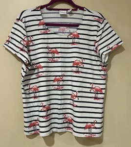 Chico’s Weekends Chico’s Size 2 Tropical Striped Flamingo Scoop Neck T-Shirt - Picture 1 of 5