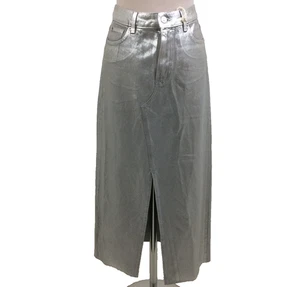 M&S Women's Skirt Size 10 Silver Straight Slit Pockets Denim Maxi Used F1 - Picture 1 of 11