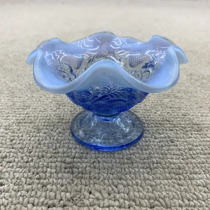 BEAUTIFUL VINTAGE FENTON Blue Opalescent Strawberry Pattern Glass Dish GLOWS - Picture 1 of 6