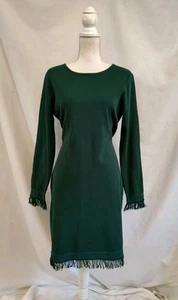 Nanette Lepore Sweater Dress Fine Knit Green w Woven Edge & Fringe Detail Sz L - Picture 1 of 9