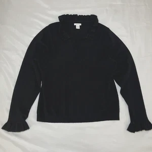 Marshall Fields Womens Cashmere Split Neck Sweater Size XL Black Ruffles *READ* - Picture 1 of 10