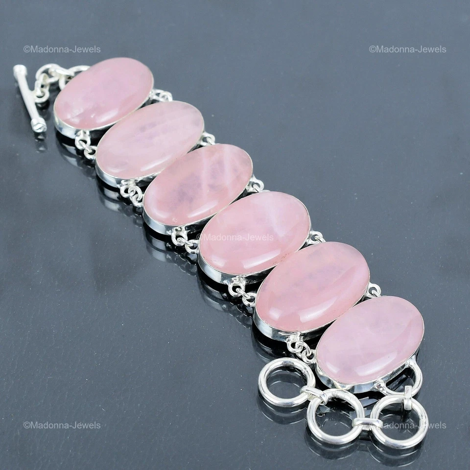 Pulsera bisel de moda aniversario cadena cuarzo rosa natural plata de ley 925 Foto 1 de 4