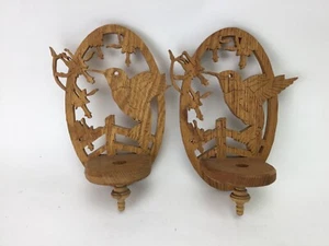 Vintage Oak Wood Carved Candle Wall Sconces of Hummingbirds 11" x 8 1/2" - Picture 1 of 3