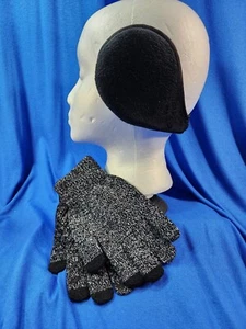 Women's New Touchscreen Black Gray Gloves & Black Ear Warmers Behind The Head - Picture 1 of 8
