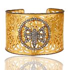 22K Yellow Gold Plated Filigree Butterfly Hammered Wide Cuff Bracelet With Cz