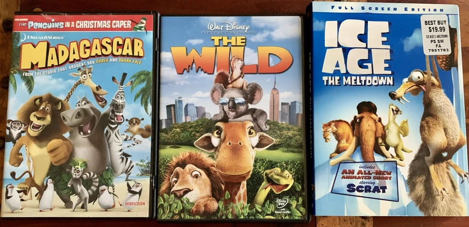 3 DVD Lot: Madagascar & The Wild, EUC And Ice Age: The Meltdown, NWT -MSRP:  $45 - Image 1 of 4