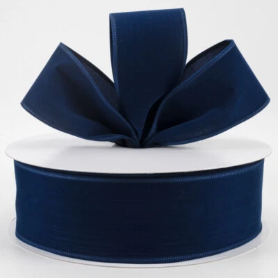 2.5" velveteen faux velvet navy blue wired ribbon holiday Christmas fall 5 yds - Image 1 of 3