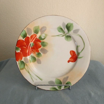 NIPPON TOHINA E-OH ROJO FLORAL PINTADO A MANO 7.5" PLATO ENSALADA ADORNO DORADO  Foto 1 de 4