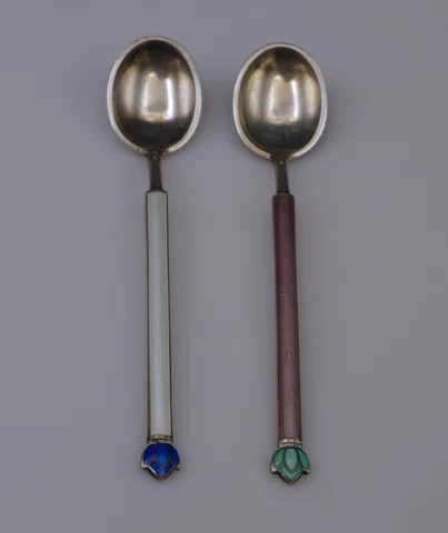 DAVID ANDERSEN NORWAY ENAMEL GUILLOCHE STERLING SILVER LOT OF 2 DEMITASSE SPOONS Cover