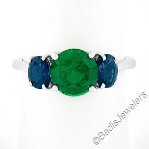 Platinum 2.89ctw GIA Round Green Tsavorite & Oval Sapphire Three 3 Stone Ring - Picture 1 of 11