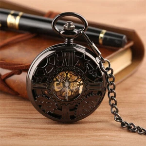 Black Steampunk Hollow Gear Hand Winding Mechanical Pocket Watch Skeleton Chain - Picture 1 of 6