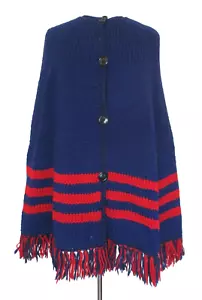 VINTAGE Hand Knit Fringed Poncho Cape One Size Women Blue Red - Picture 1 of 5