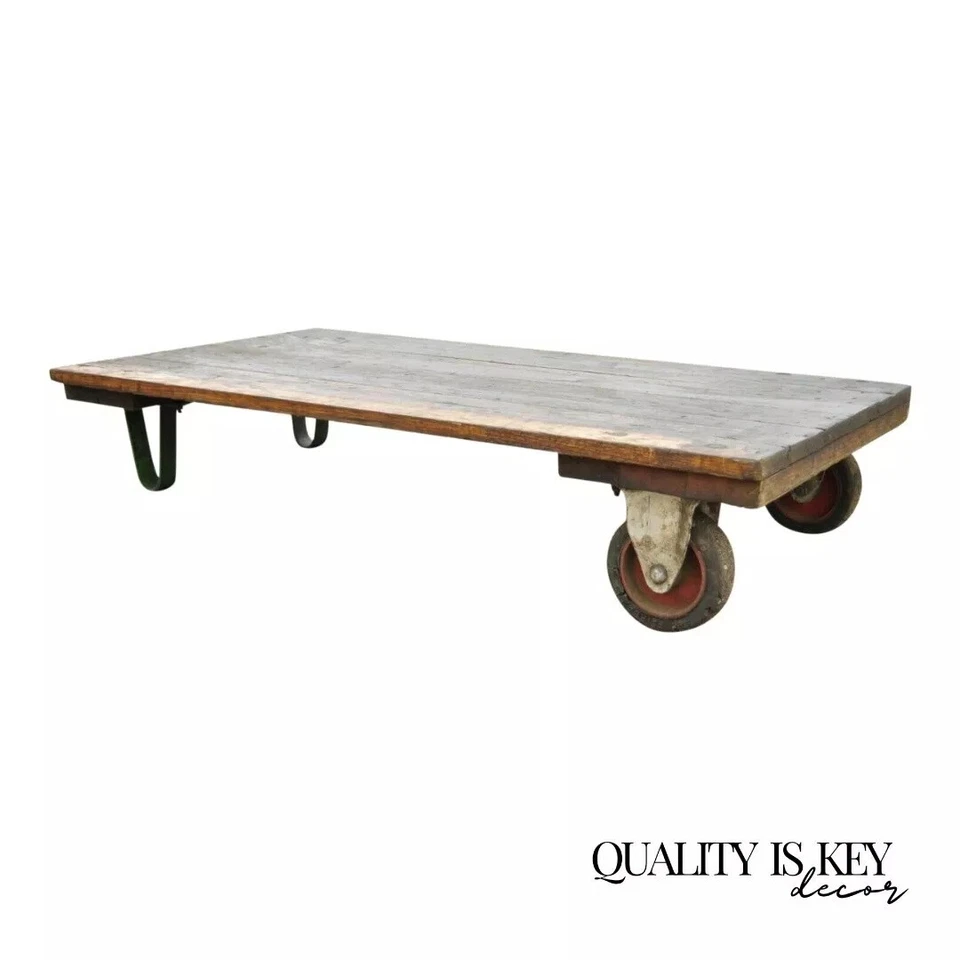 老式费尔班克斯美国工业木材和铁工厂工作车咖啡桌 — 第 1/4 张图片