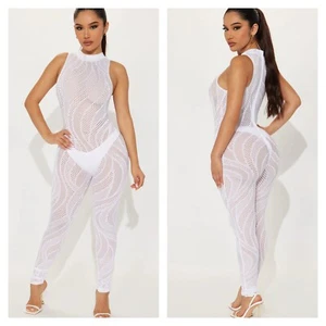 NWT FASHION NOVA White MEMORABLE NIGHTS Fishnet One Piece Jumpsuit Womens sz XS - Picture 1 of 9