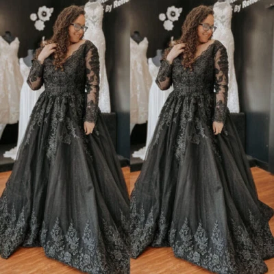 Plus Size Black Gothic Wedding Dresses V Neck Long Sleeve Lace Bridal Gowns - Image 1 of 4